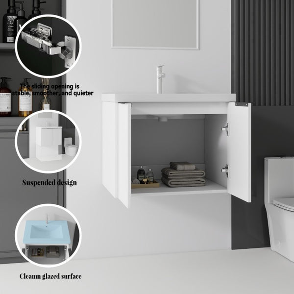 English Elm 24 Inch Floating Bathroom Vanity Glossy Ceramic Sink Plywood Soft Close Cabinet White B2775S00036