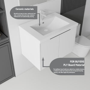 English Elm 24 Inch Floating Bathroom Vanity Glossy Ceramic Sink Plywood Soft Close Cabinet White B2775S00036