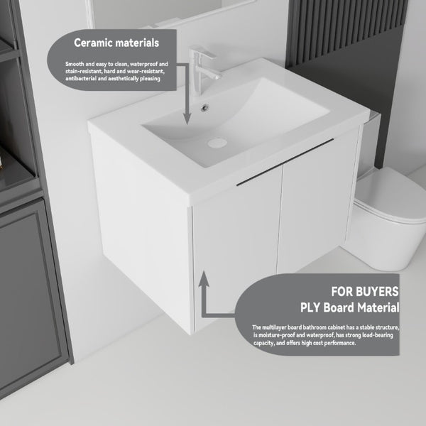 English Elm 24 Inch Floating Bathroom Vanity Glossy Ceramic Sink Plywood Soft Close Cabinet White B2775S00036