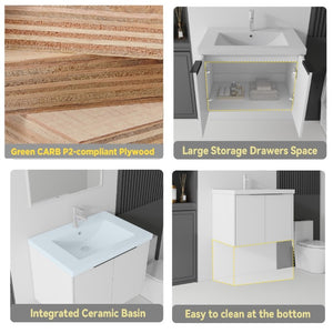 English Elm 24 Inch Floating Bathroom Vanity Glossy Ceramic Sink Plywood Soft Close Cabinet White B2775S00036