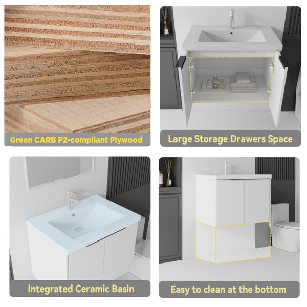 English Elm 24 Inch Floating Bathroom Vanity Glossy Ceramic Sink Plywood Soft Close Cabinet White B2775S00036