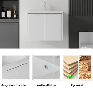 English Elm 24 Inch Floating Bathroom Vanity Glossy Ceramic Sink Plywood Soft Close Cabinet White B2775S00036