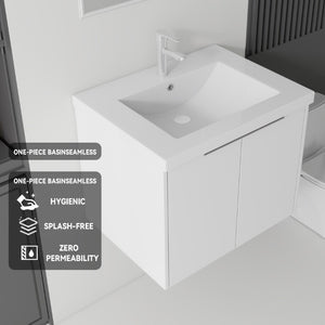 English Elm 24 Inch Floating Bathroom Vanity Glossy Ceramic Sink Plywood Soft Close Cabinet White B2775S00036