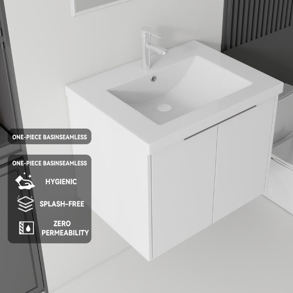 English Elm 24 Inch Floating Bathroom Vanity Glossy Ceramic Sink Plywood Soft Close Cabinet White B2775S00036