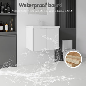 English Elm 24 Inch Floating Bathroom Vanity Glossy Ceramic Sink Plywood Soft Close Cabinet White B2775S00036