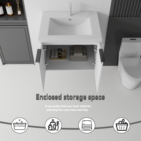 English Elm 24 Inch Floating Bathroom Vanity Glossy Ceramic Sink Plywood Soft Close Cabinet White B2775S00036