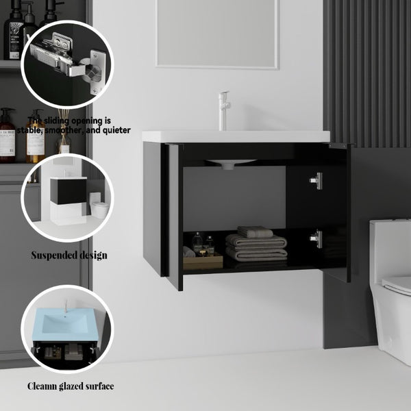 English Elm 24 Inch Floating Bathroom Vanity Glossy Ceramic Sink Plywood Soft Close Cabinet Black B2775S00037