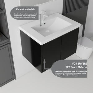English Elm 24 Inch Floating Bathroom Vanity Glossy Ceramic Sink Plywood Soft Close Cabinet Black B2775S00037
