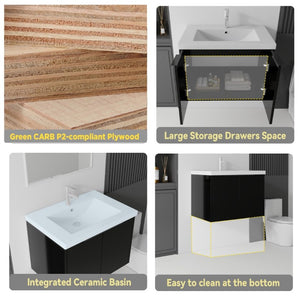 English Elm 24 Inch Floating Bathroom Vanity Glossy Ceramic Sink Plywood Soft Close Cabinet Black B2775S00037