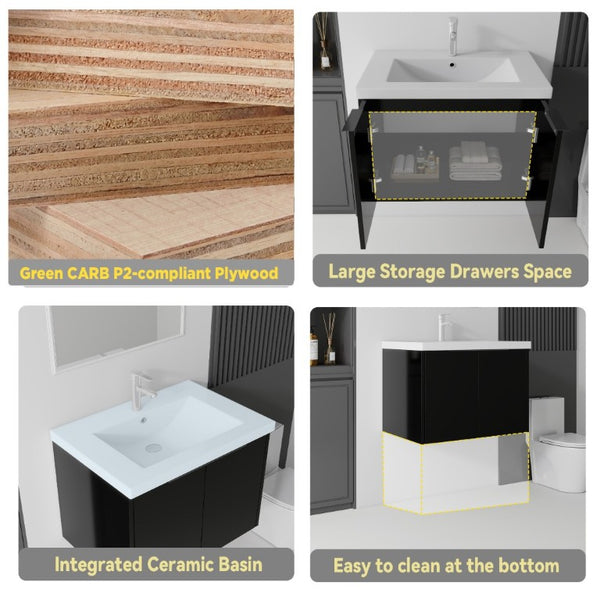 English Elm 24 Inch Floating Bathroom Vanity Glossy Ceramic Sink Plywood Soft Close Cabinet Black B2775S00037