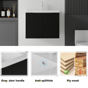 English Elm 24 Inch Floating Bathroom Vanity Glossy Ceramic Sink Plywood Soft Close Cabinet Black B2775S00037