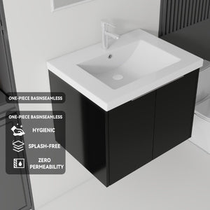 English Elm 24 Inch Floating Bathroom Vanity Glossy Ceramic Sink Plywood Soft Close Cabinet Black B2775S00037