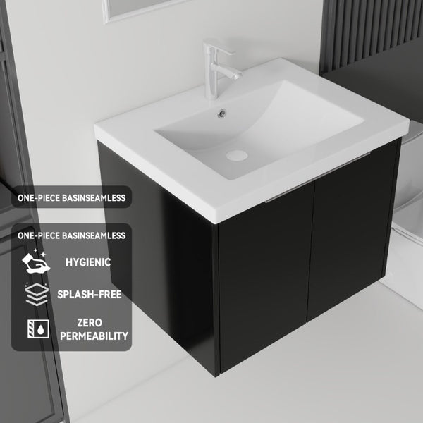 English Elm 24 Inch Floating Bathroom Vanity Glossy Ceramic Sink Plywood Soft Close Cabinet Black B2775S00037