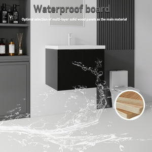 English Elm 24 Inch Floating Bathroom Vanity Glossy Ceramic Sink Plywood Soft Close Cabinet Black B2775S00037