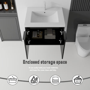 English Elm 24 Inch Floating Bathroom Vanity Glossy Ceramic Sink Plywood Soft Close Cabinet Black B2775S00037
