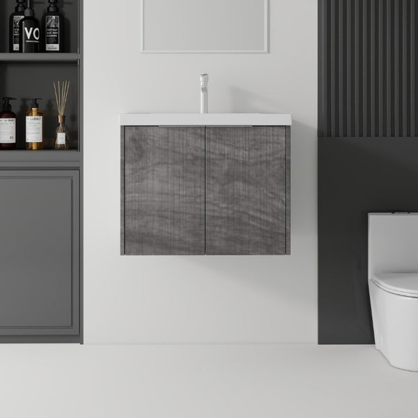 English Elm 24 Inch Floating Bathroom Vanity Glossy Ceramic Sink Plywood Soft Close Cabinet Grey - A B2775S00038