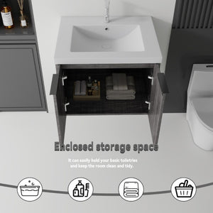 English Elm 24 Inch Floating Bathroom Vanity Glossy Ceramic Sink Plywood Soft Close Cabinet Grey - A B2775S00038