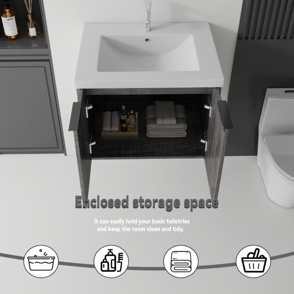English Elm 24 Inch Floating Bathroom Vanity Glossy Ceramic Sink Plywood Soft Close Cabinet Grey - A B2775S00038