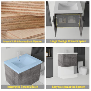 English Elm 24 Inch Floating Bathroom Vanity Glossy Ceramic Sink Plywood Soft Close Cabinet Grey - A B2775S00038