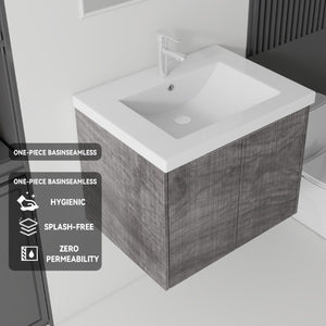 English Elm 24 Inch Floating Bathroom Vanity Glossy Ceramic Sink Plywood Soft Close Cabinet Grey - A B2775S00038