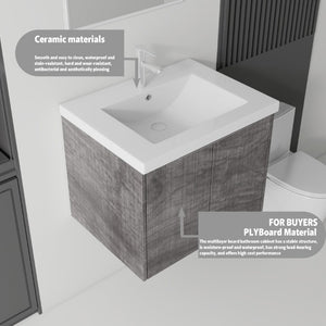 English Elm 24 Inch Floating Bathroom Vanity Glossy Ceramic Sink Plywood Soft Close Cabinet Grey - A B2775S00038