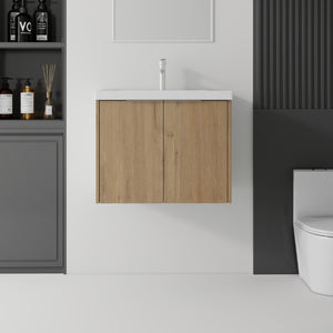 English Elm 24 Inch Floating Bathroom Vanity Glossy Ceramic Sink Plywood Soft Close Cabinet Oak - A B2775S00039