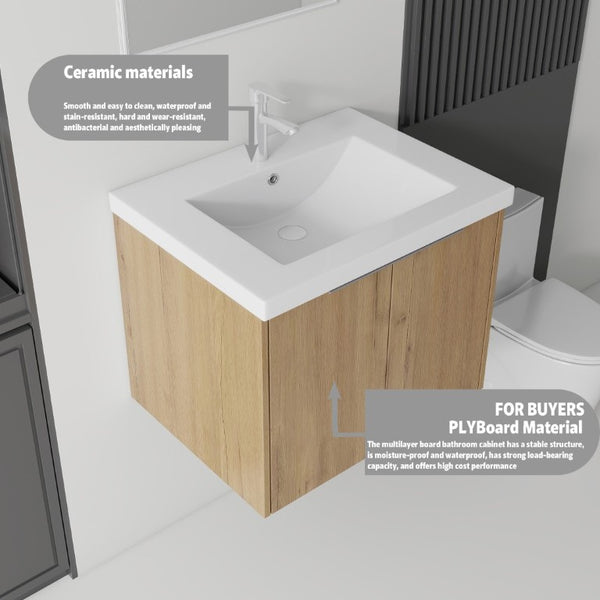 English Elm 24 Inch Floating Bathroom Vanity Glossy Ceramic Sink Plywood Soft Close Cabinet Oak - A B2775S00039