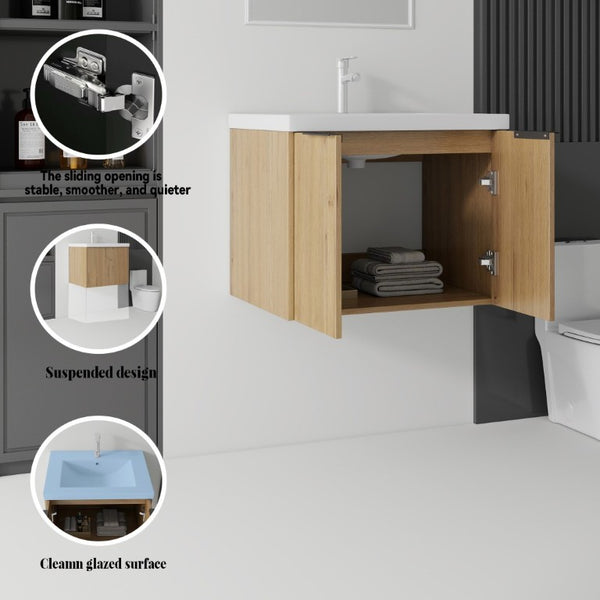 English Elm 24 Inch Floating Bathroom Vanity Glossy Ceramic Sink Plywood Soft Close Cabinet Oak - A B2775S00039