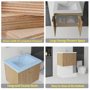English Elm 24 Inch Floating Bathroom Vanity Glossy Ceramic Sink Plywood Soft Close Cabinet Oak - A B2775S00039