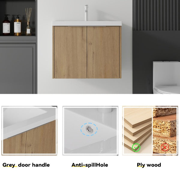 English Elm 24 Inch Floating Bathroom Vanity Glossy Ceramic Sink Plywood Soft Close Cabinet Oak - A B2775S00039