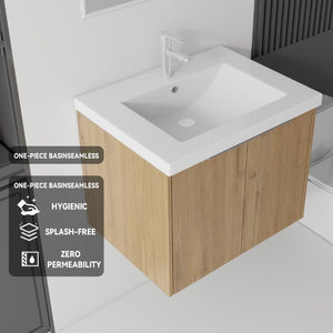 English Elm 24 Inch Floating Bathroom Vanity Glossy Ceramic Sink Plywood Soft Close Cabinet Oak - A B2775S00039