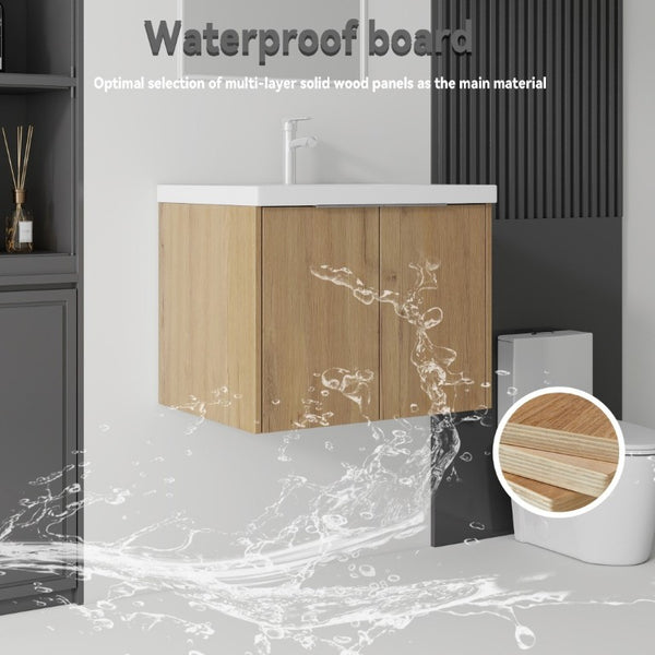 English Elm 24 Inch Floating Bathroom Vanity Glossy Ceramic Sink Plywood Soft Close Cabinet Oak - A B2775S00039