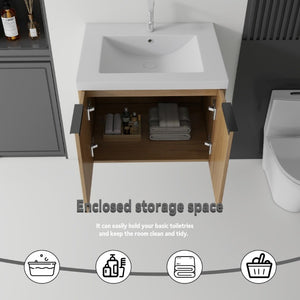 English Elm 24 Inch Floating Bathroom Vanity Glossy Ceramic Sink Plywood Soft Close Cabinet Oak - A B2775S00039