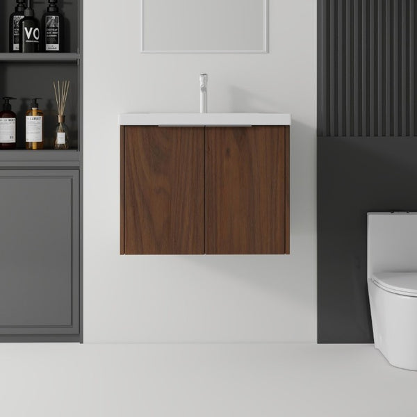 English Elm 24 Inch Floating Bathroom Vanity Glossy Ceramic Sink Plywood Soft Close Cabinet Brown B2775S00040