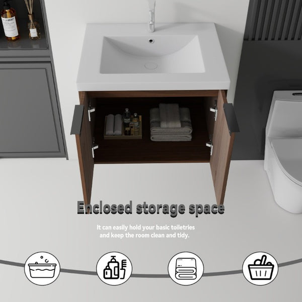 English Elm 24 Inch Floating Bathroom Vanity Glossy Ceramic Sink Plywood Soft Close Cabinet Brown B2775S00040