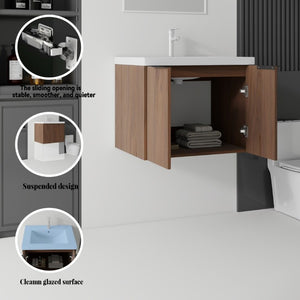English Elm 24 Inch Floating Bathroom Vanity Glossy Ceramic Sink Plywood Soft Close Cabinet Brown B2775S00040