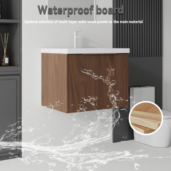 English Elm 24 Inch Floating Bathroom Vanity Glossy Ceramic Sink Plywood Soft Close Cabinet Brown B2775S00040