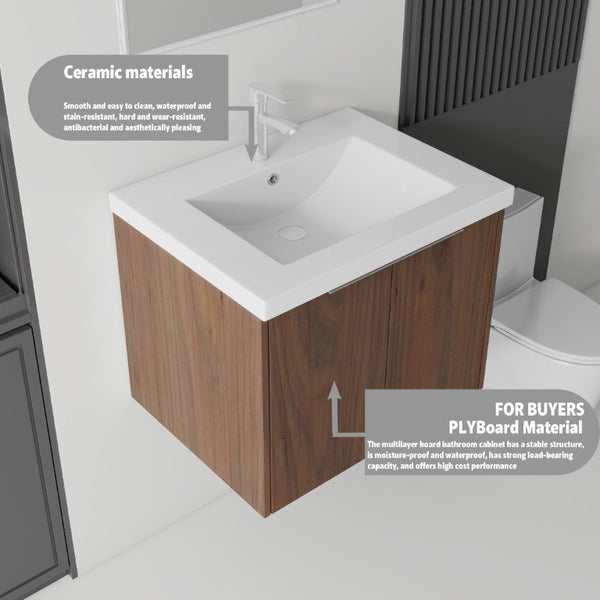 English Elm 24 Inch Floating Bathroom Vanity Glossy Ceramic Sink Plywood Soft Close Cabinet Brown B2775S00040
