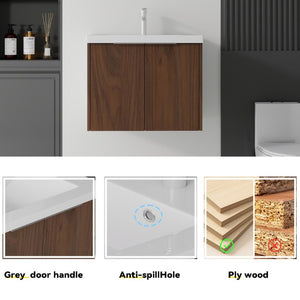 English Elm 24 Inch Floating Bathroom Vanity Glossy Ceramic Sink Plywood Soft Close Cabinet Brown B2775S00040