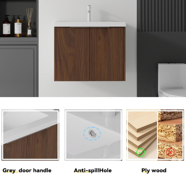 English Elm 24 Inch Floating Bathroom Vanity Glossy Ceramic Sink Plywood Soft Close Cabinet Brown B2775S00040