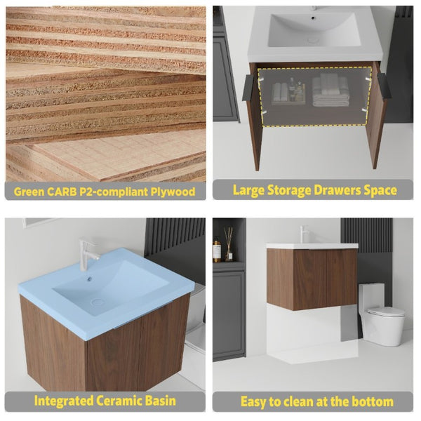 English Elm 24 Inch Floating Bathroom Vanity Glossy Ceramic Sink Plywood Soft Close Cabinet Brown B2775S00040