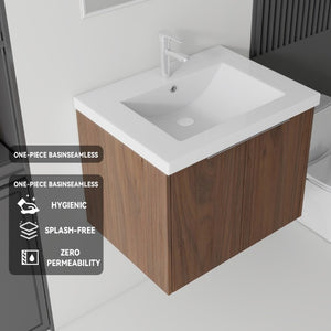English Elm 24 Inch Floating Bathroom Vanity Glossy Ceramic Sink Plywood Soft Close Cabinet Brown B2775S00040