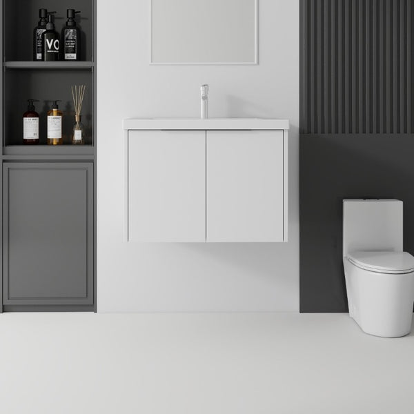 English Elm 30 Inch Wall Mounted Floating Vanity with Ceramic Sink Soft Close Plywood Cabinet White B2775S00041