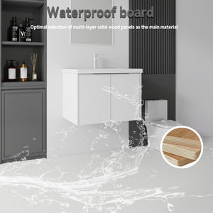 English Elm 30 Inch Wall Mounted Floating Vanity with Ceramic Sink Soft Close Plywood Cabinet White B2775S00041