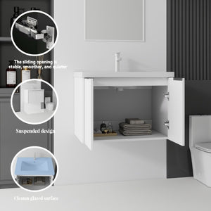 English Elm 30 Inch Wall Mounted Floating Vanity with Ceramic Sink Soft Close Plywood Cabinet White B2775S00041