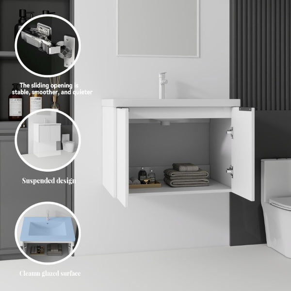 English Elm 30 Inch Wall Mounted Floating Vanity with Ceramic Sink Soft Close Plywood Cabinet White B2775S00041