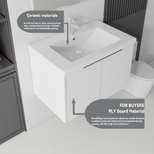 English Elm 30 Inch Wall Mounted Floating Vanity with Ceramic Sink Soft Close Plywood Cabinet White B2775S00041