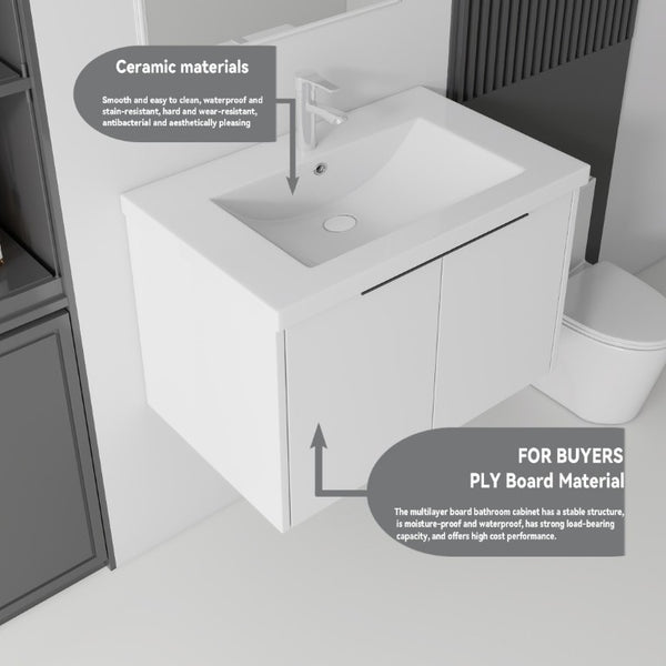 English Elm 30 Inch Wall Mounted Floating Vanity with Ceramic Sink Soft Close Plywood Cabinet White B2775S00041