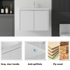 English Elm 30 Inch Wall Mounted Floating Vanity with Ceramic Sink Soft Close Plywood Cabinet White B2775S00041