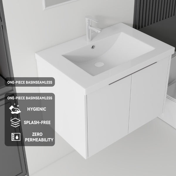 English Elm 30 Inch Wall Mounted Floating Vanity with Ceramic Sink Soft Close Plywood Cabinet White B2775S00041
